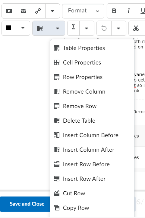 Screenshot of Edit table drop-down menu in the menu bar of the HTML editor